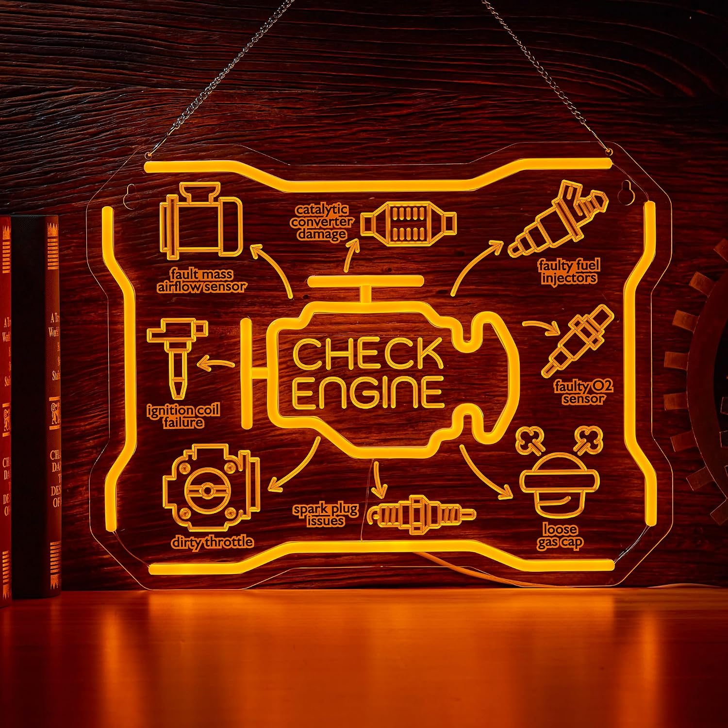 Auto Repair Shop Signs - チェックエンジンネオンサインUSB LEDウォールライト、自動車修理工場、ガレージ、男性用洞窟、自動車整備工場、壁飾り、ギフトに最適