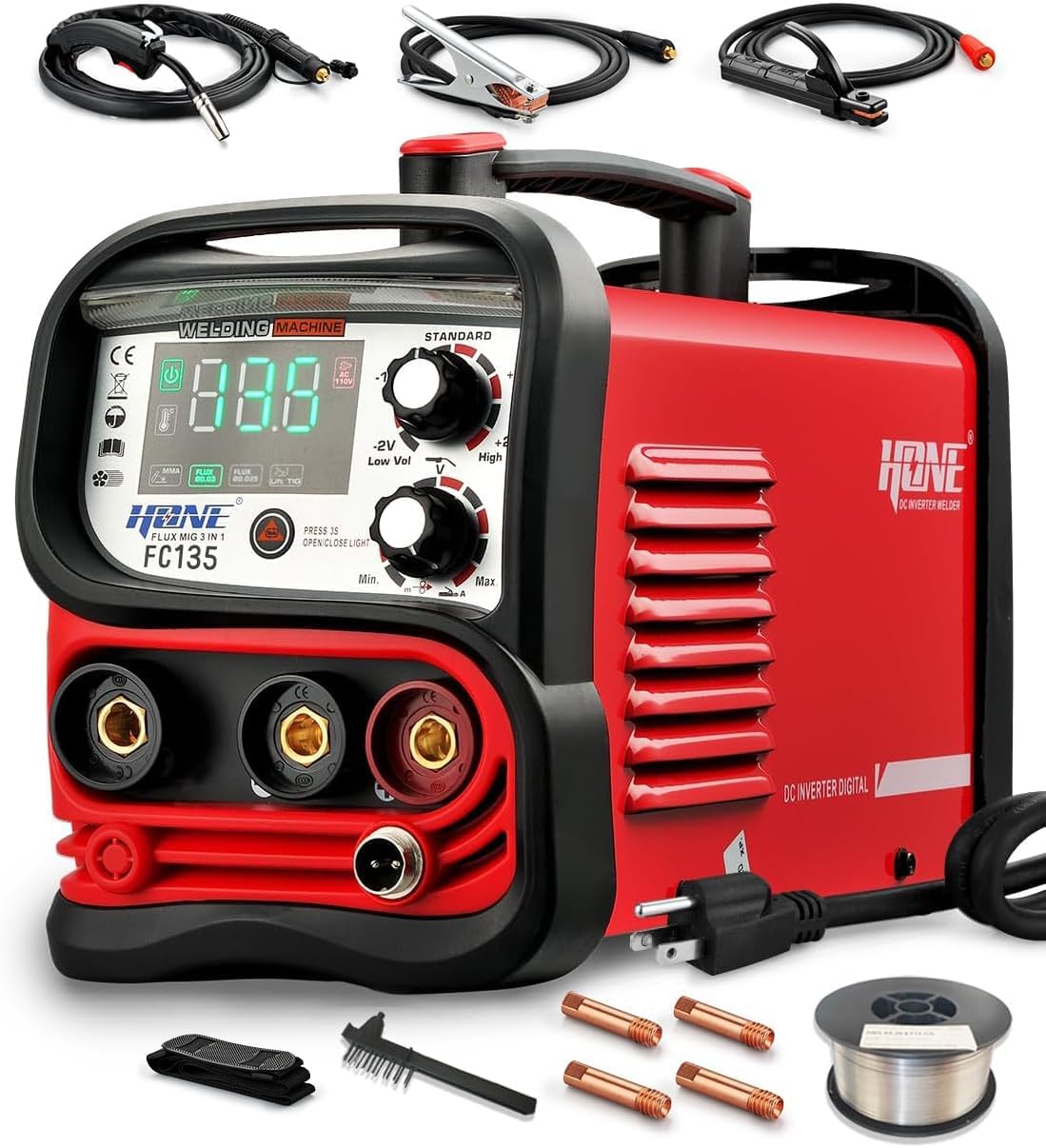 Tig Welder Machine - 135A FC135フラックス入りワイヤMIG/スティック/リフトTIG溶接機、大型LED DC IGBTインバーター搭載、ガスレスMIG溶接機