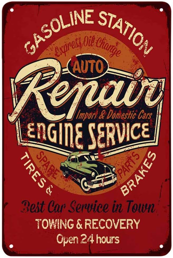 Auto Repair Shop Open - 自動車修理エンジンサービスのブリキ看板、ガソリンスタンドのタイヤ、ブレーキ、24時間営業、カフェ、バー、パブ、ショップ用のヴィンテージメタルブリキ看板