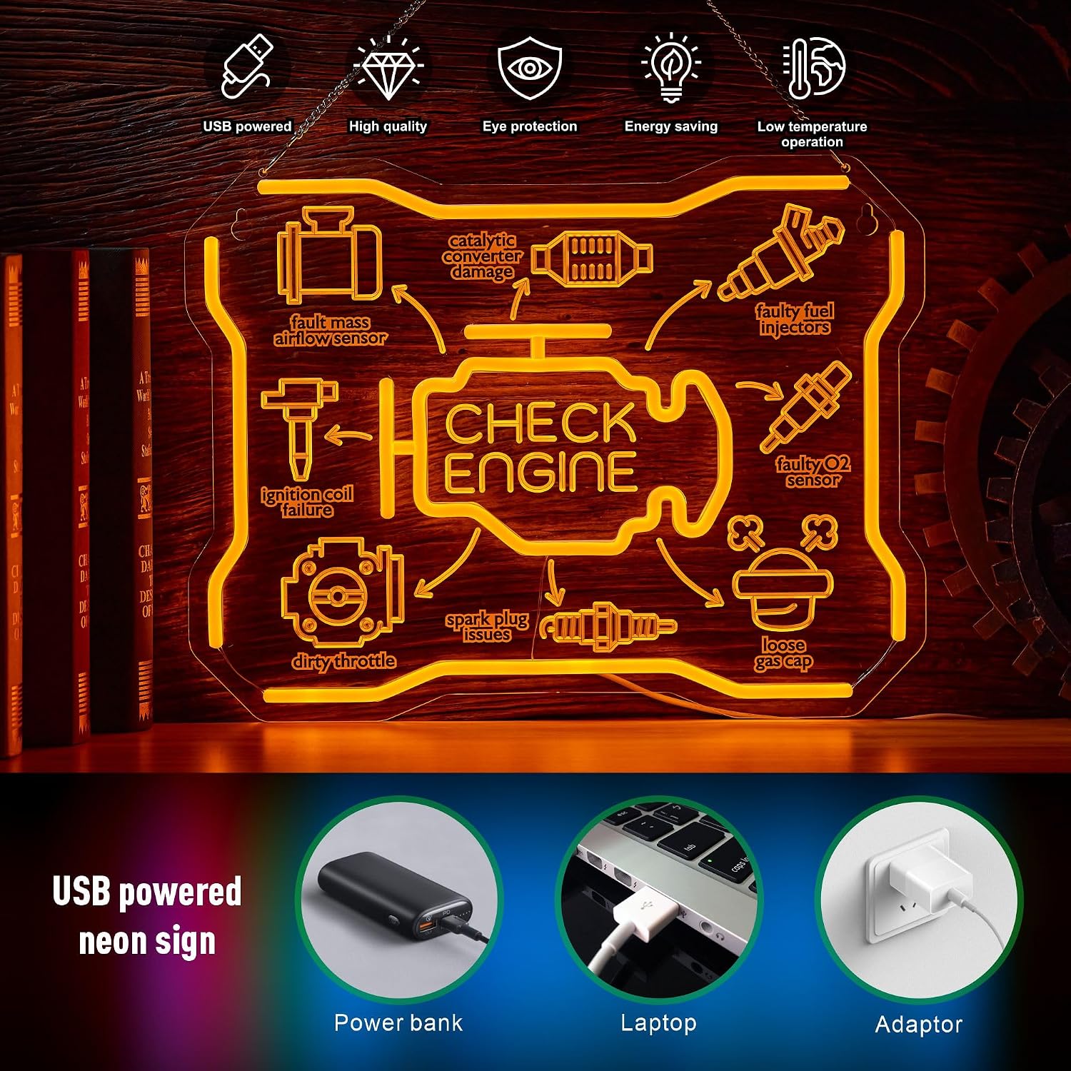 チェックエンジンネオンサインUSB LEDウォールライト、自 - Auto Repair Shop Signs のレビューと価格